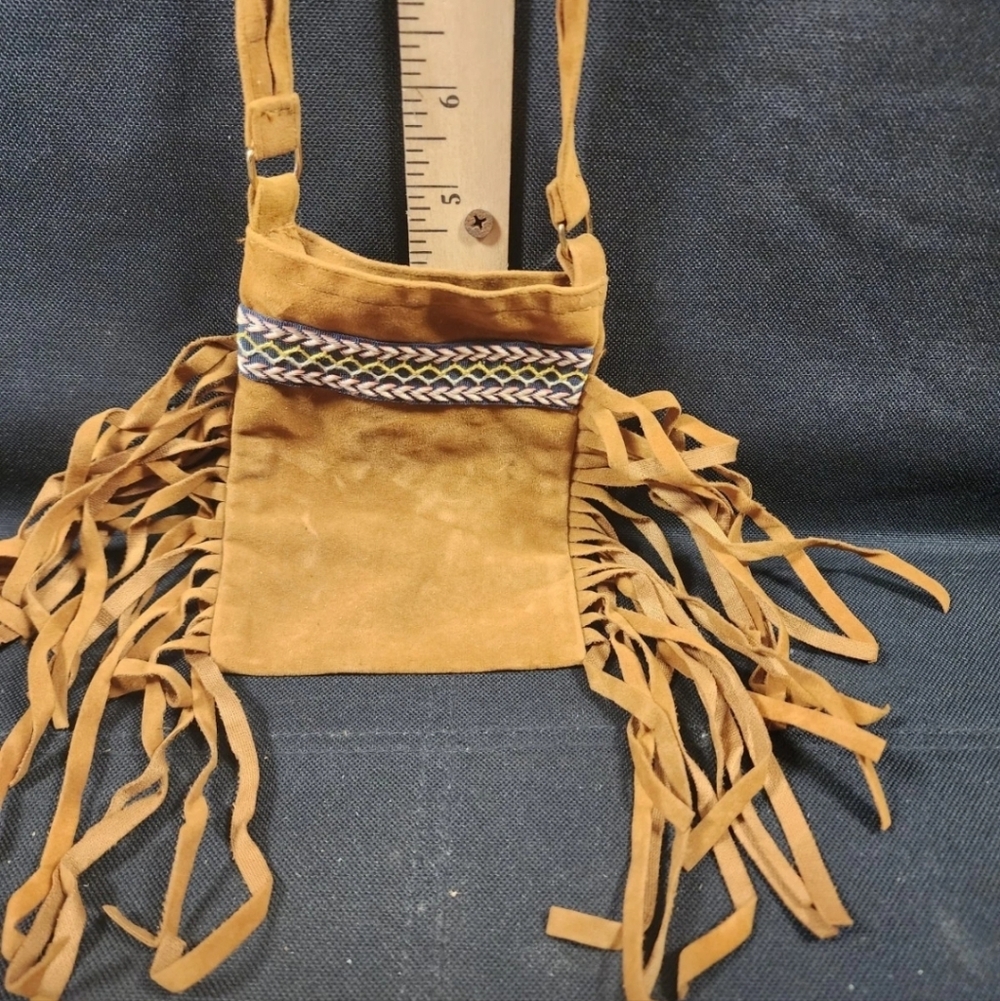 Vintage Native American Medicine Utilty Leather Pouch Bag Fringe Woven Stripe